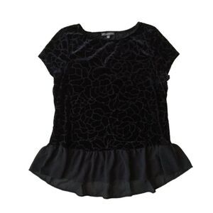 Adrianna Papell Black Velvet Burnout Floral Rose Print Cap Sleeve Blouse Medium